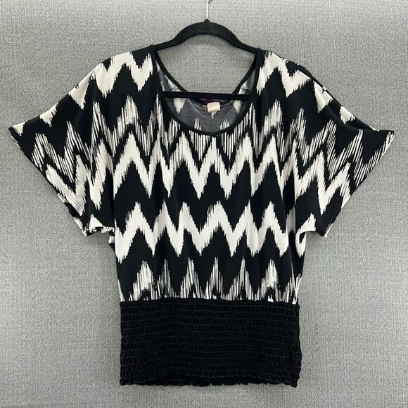 Vintage Agenda Black/White Geometric Print‎ Elastic Waist Blouse Made In USA M - Picture 1 of 7
